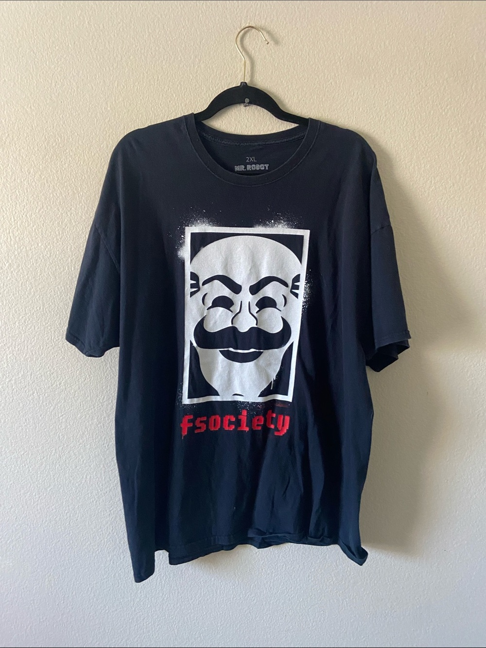 Loot Crate Black Tee with White Mask and Red FSociety Text